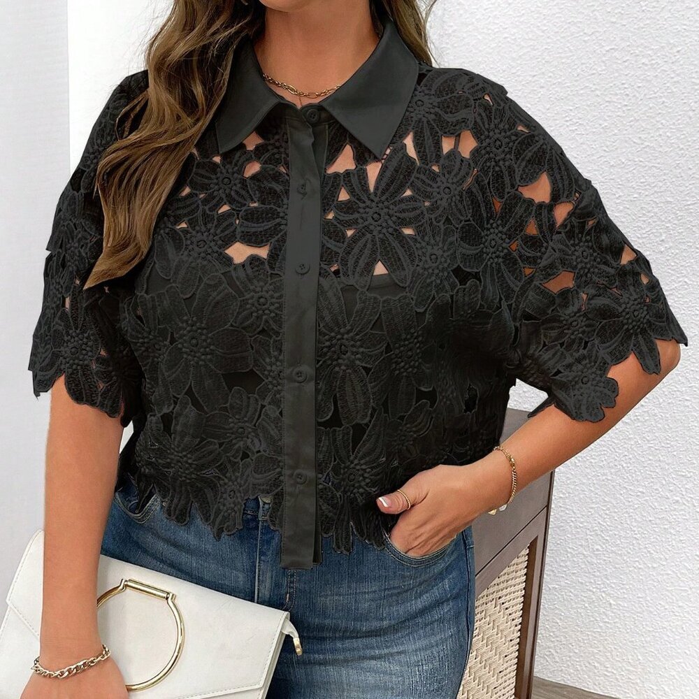 Black Casual Womens Plus Size Front Button Hollow Minimalist Short Sleeve Blouse - Picture 3 of 6